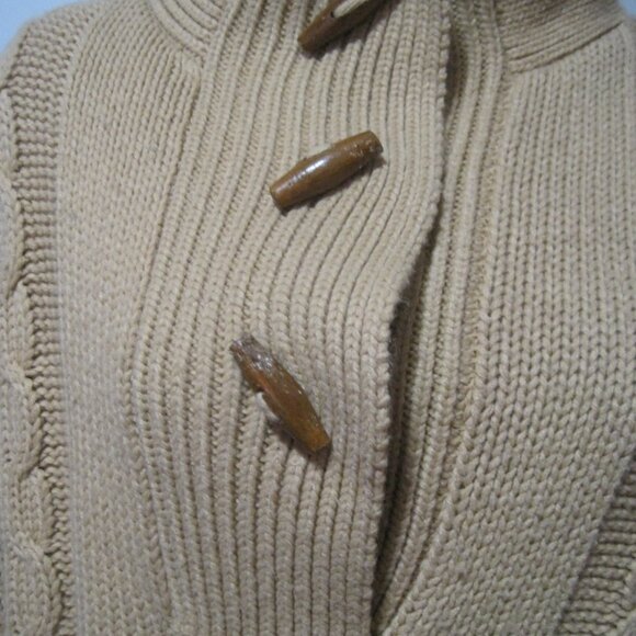 Chesley Tan Cable Knit Wood Button Tasseled Acrylic Poncho Sweater Women's Small - Picture 3 of 8